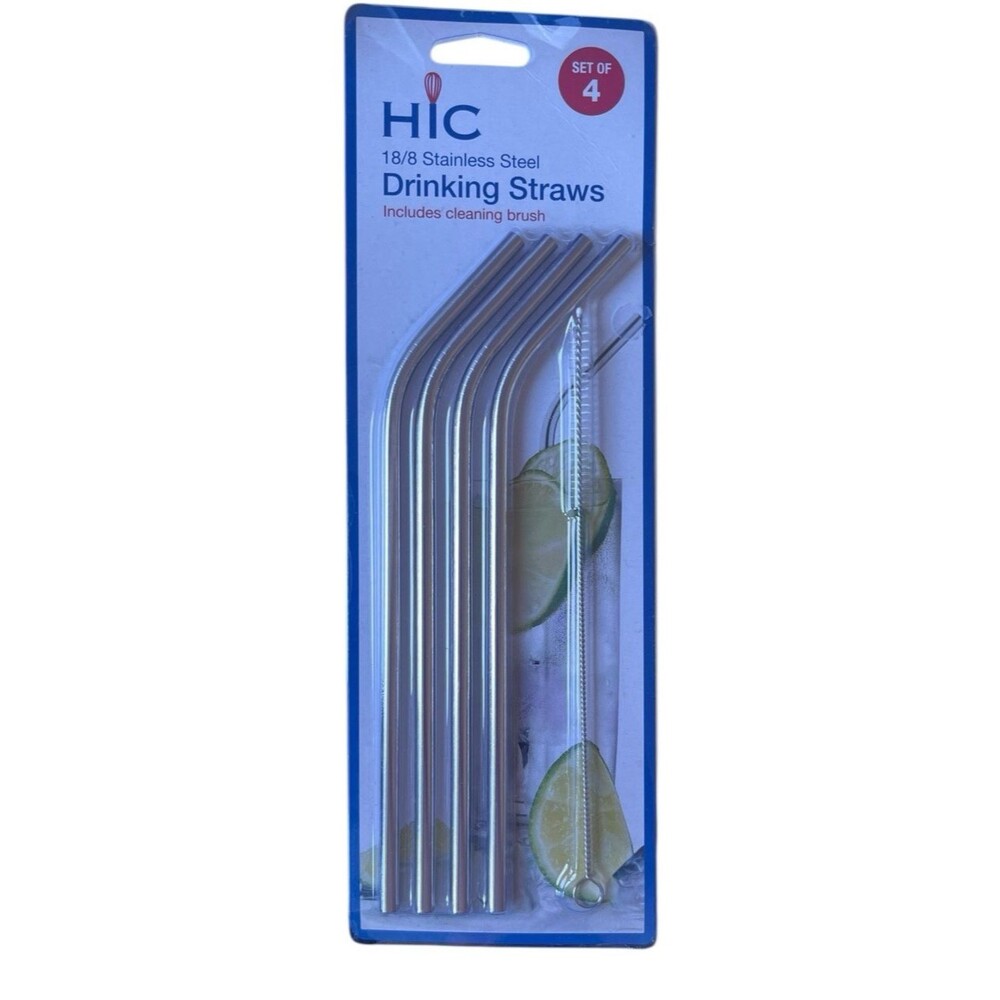 HIC Reusable Stainless Steel Drinking Straws Cleaning Brush Set of 4